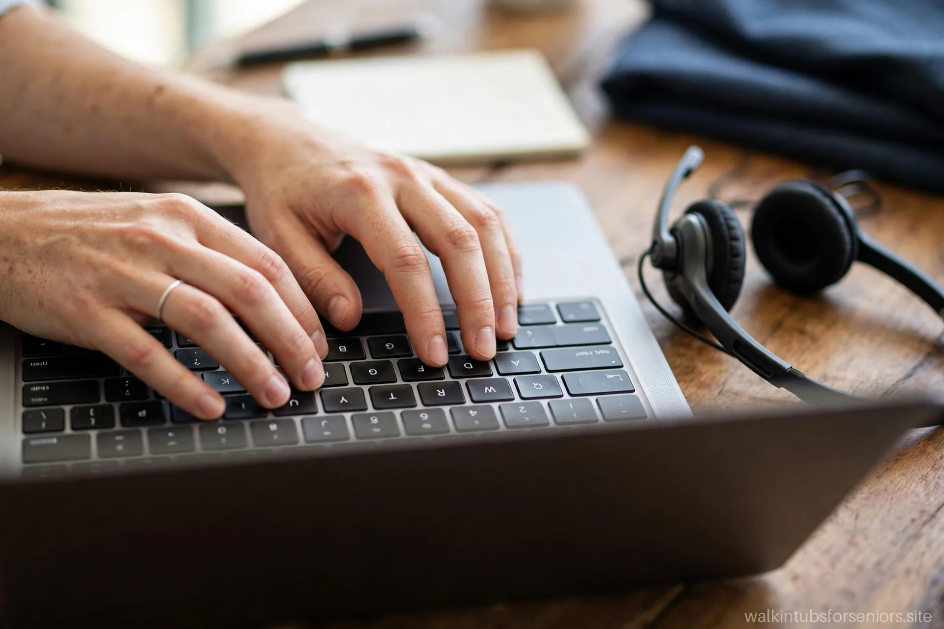 Customer service hands on a laptop during a support call