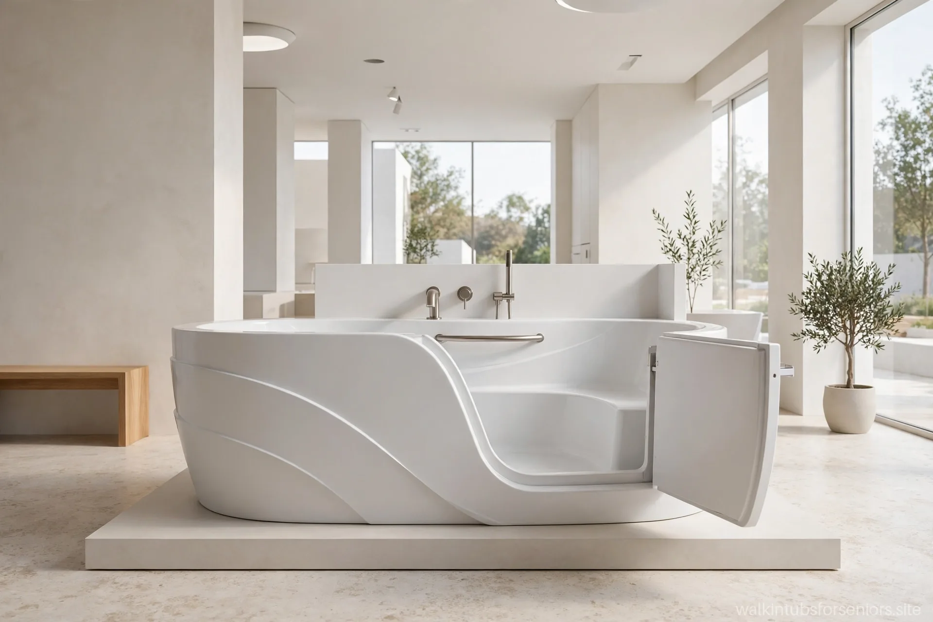 New walk-in tub model with curved lines in a showroom